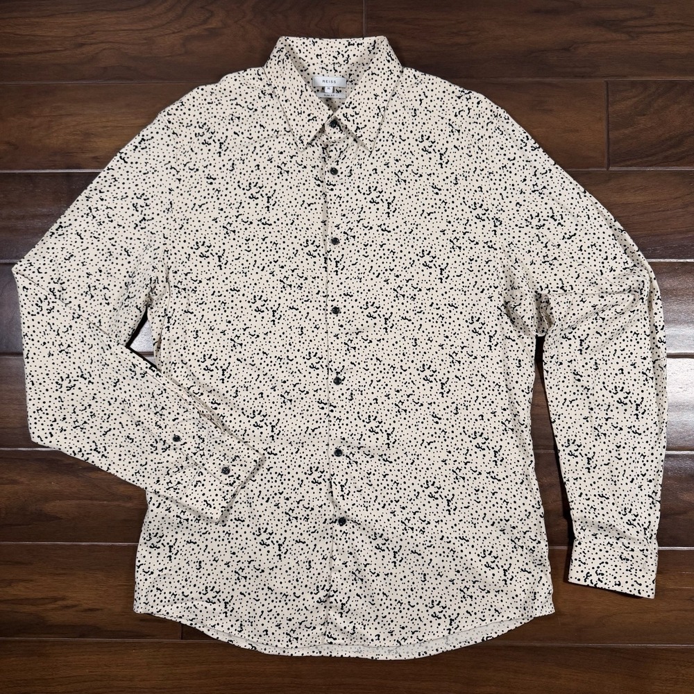 Reiss Men's Size XL Cream Black Patterned Viscose Button Down Slim Fit Shirt